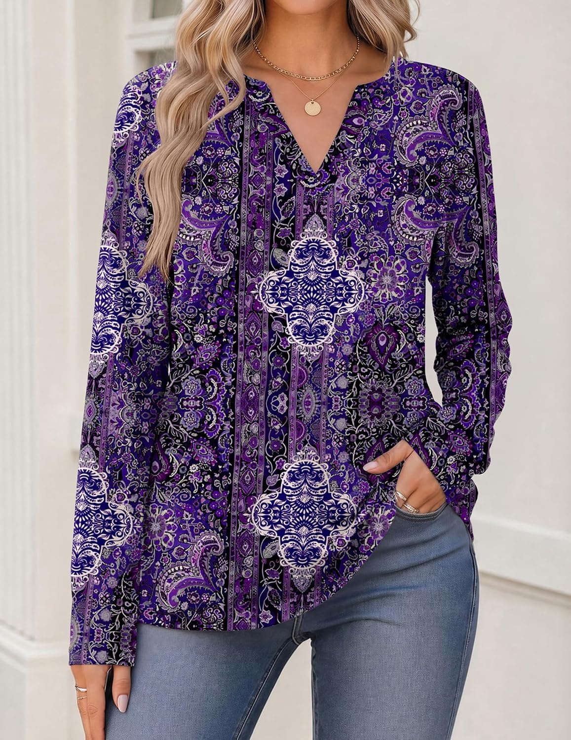 image:imageZeagoo Womens Tops Long Sleeve V Neck Tee Shirts Cute Dressy CasualPurple Boho Mz907