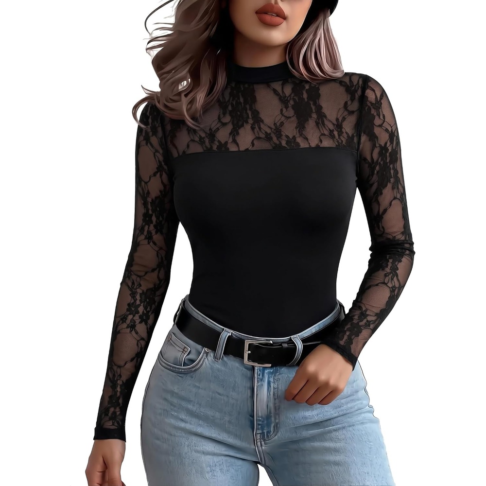 image:imageZeagoo Long Sleeve Shirts for Womens Lace Tops Mesh Sheer Sexy Fall BlouseBlack