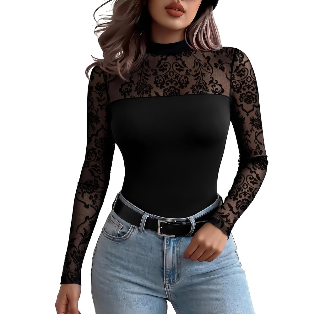 image:imageZeagoo Long Sleeve Shirts for Womens Lace Tops Mesh Sheer Sexy Fall BlouseBlack Floralsa1