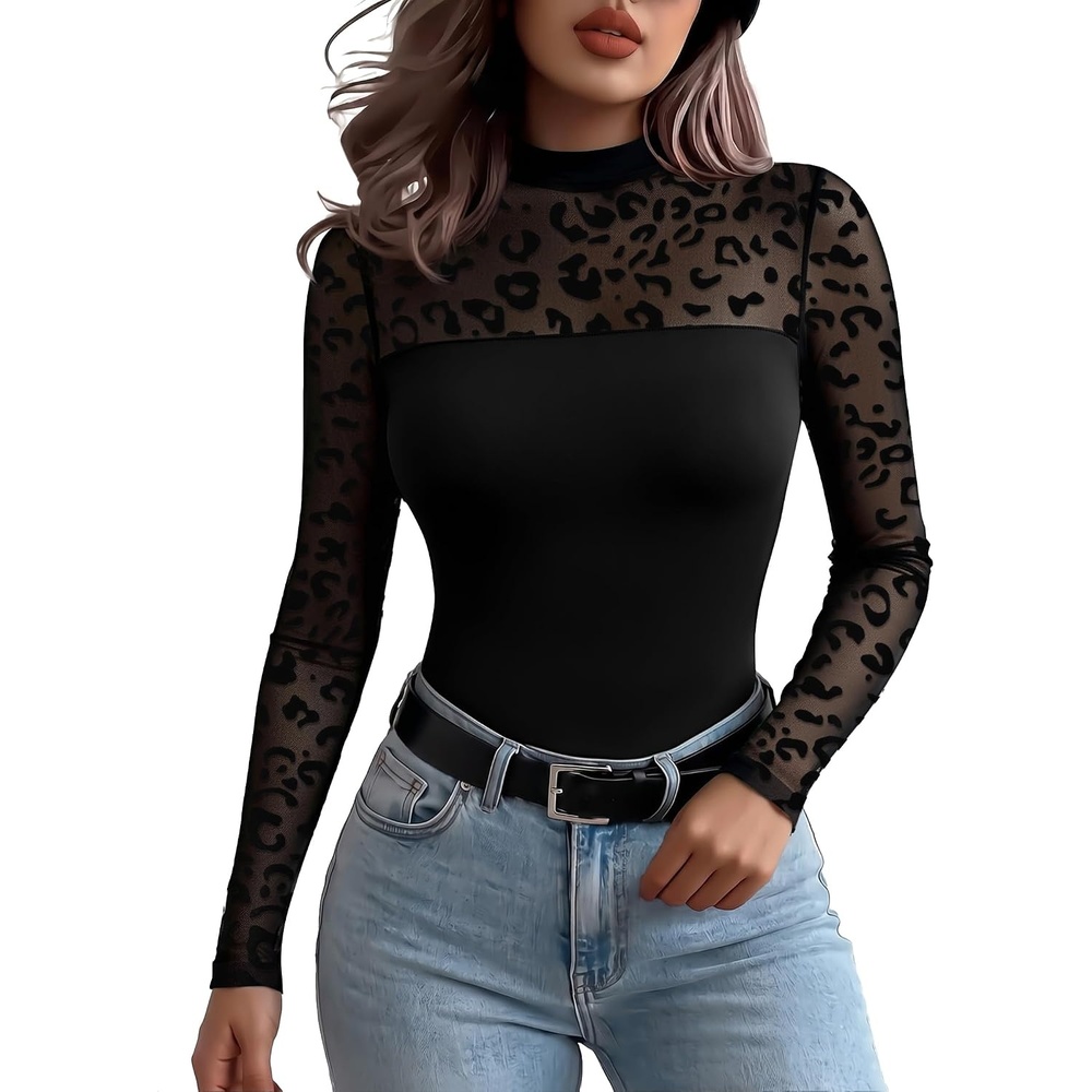 image:imageZeagoo Long Sleeve Shirts for Womens Lace Tops Mesh Sheer Sexy Fall BlouseBlack Leopardpat3