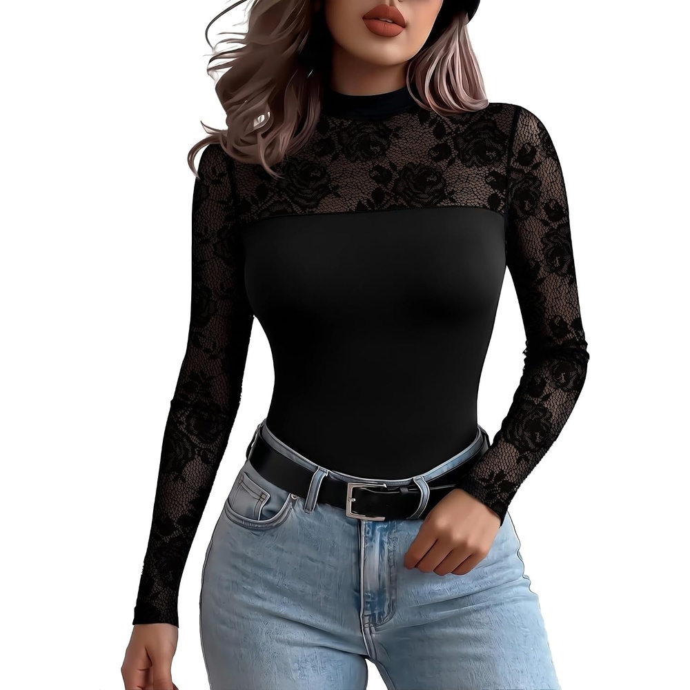 image:imageZeagoo Long Sleeve Shirts for Womens Lace Tops Mesh Sheer Sexy Fall BlouseBlack Rosessa5