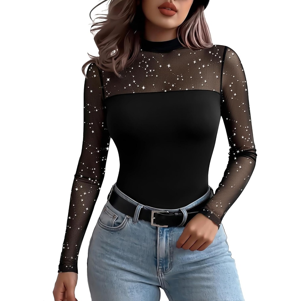 image:imageZeagoo Long Sleeve Shirts for Womens Lace Tops Mesh Sheer Sexy Fall BlouseBlack Starsa4