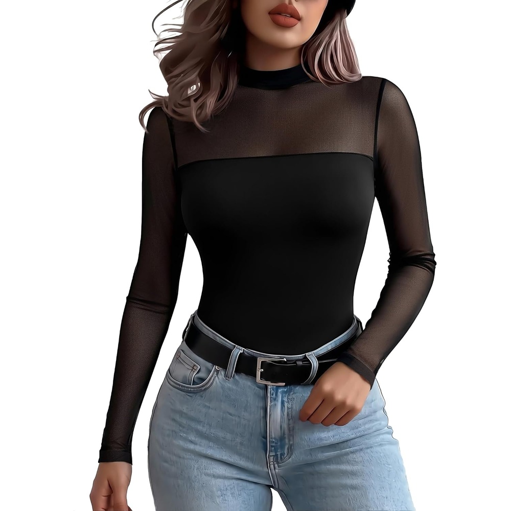 image:imageZeagoo Long Sleeve Shirts for Womens Lace Tops Mesh Sheer Sexy Fall BlouseBlackpat1