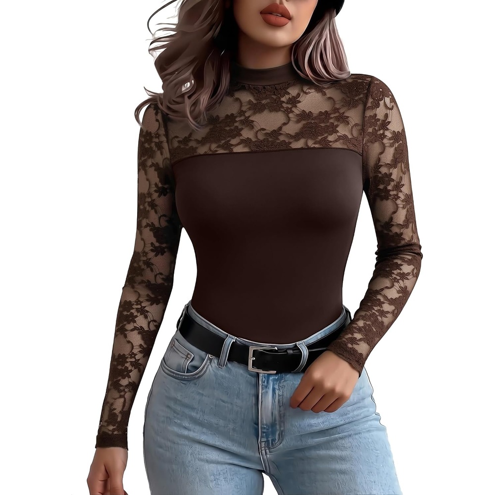 image:imageZeagoo Long Sleeve Shirts for Womens Lace Tops Mesh Sheer Sexy Fall BlouseBrownbr