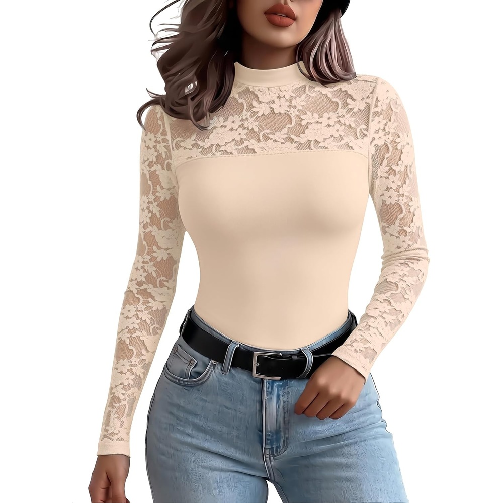 image:imageZeagoo Long Sleeve Shirts for Womens Lace Tops Mesh Sheer Sexy Fall BlouseChampagne