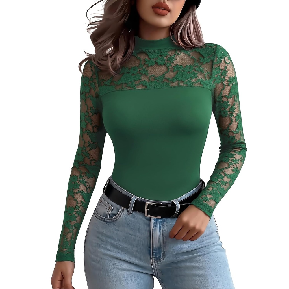 image:imageZeagoo Long Sleeve Shirts for Womens Lace Tops Mesh Sheer Sexy Fall BlouseGreen