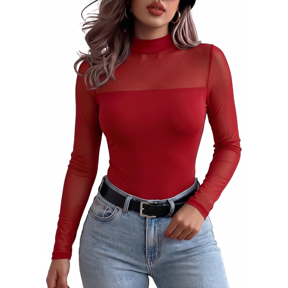 image:imageZeagoo Long Sleeve Shirts for Womens Lace Tops Mesh Sheer Sexy Fall BlouseRedpat2
