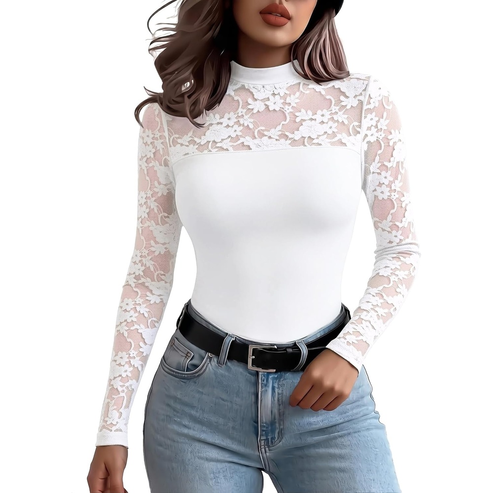 image:imageZeagoo Long Sleeve Shirts for Womens Lace Tops Mesh Sheer Sexy Fall BlouseWhite