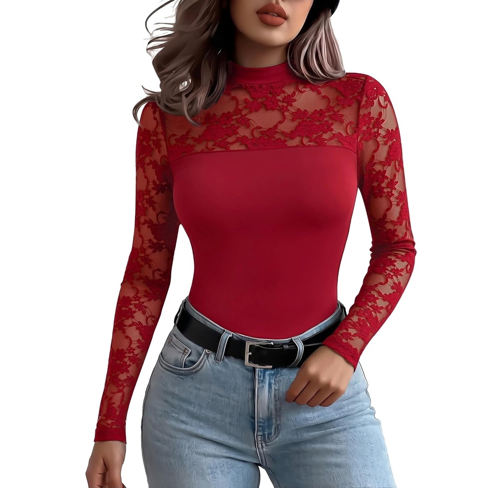 image:imageZeagoo Long Sleeve Shirts for Womens Lace Tops Mesh Sheer Sexy Fall BlouseWine Red