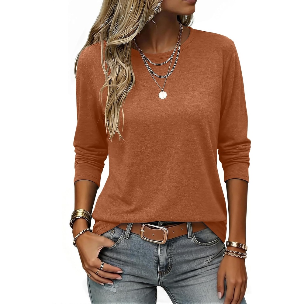 image:imageZeagoo Women Crewneck Casual Long Sleeve Tops Fall Tshirts LayerCaramel