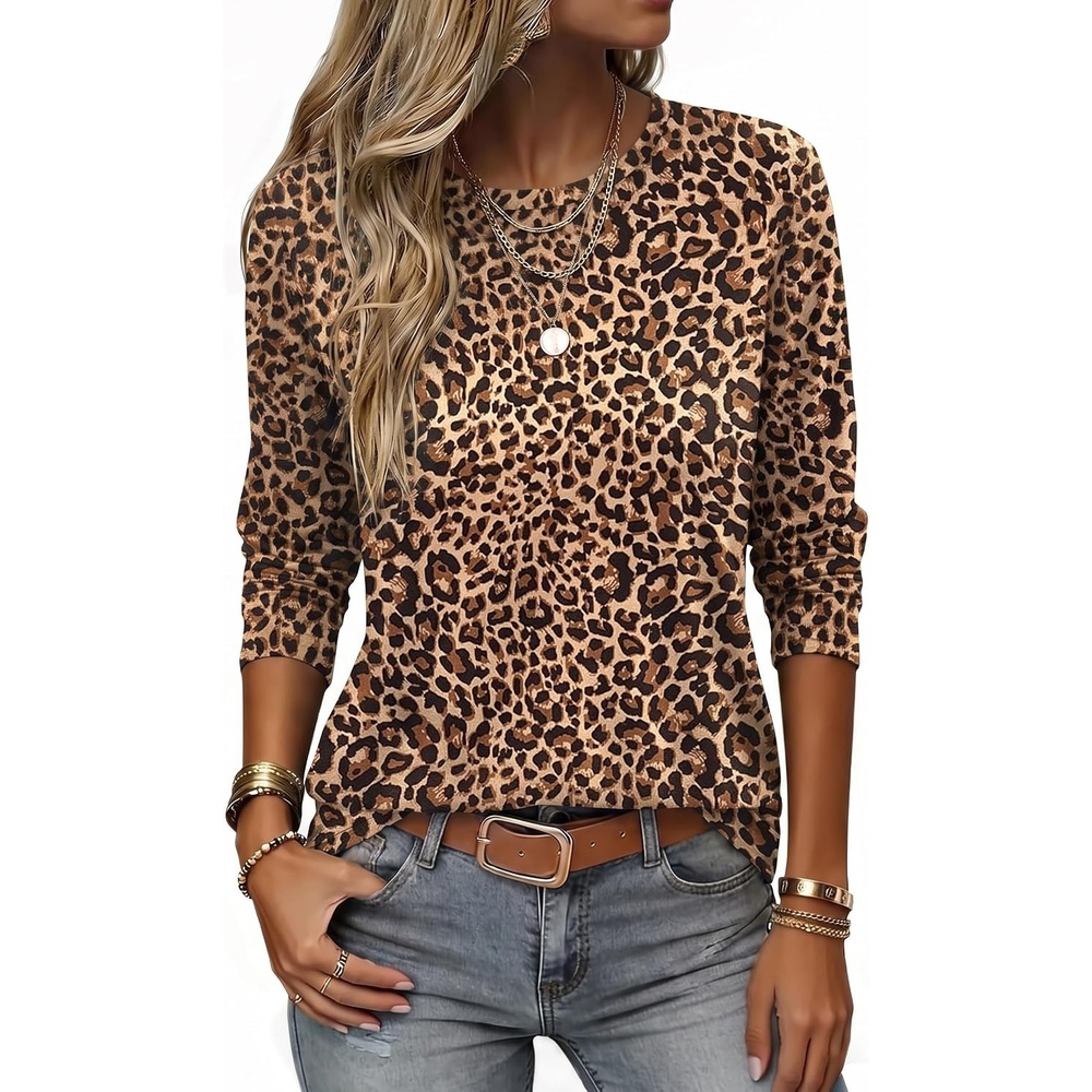 image:imageZeagoo Women Crewneck Casual Long Sleeve Tops Fall Tshirts LayerZ Leopard 136