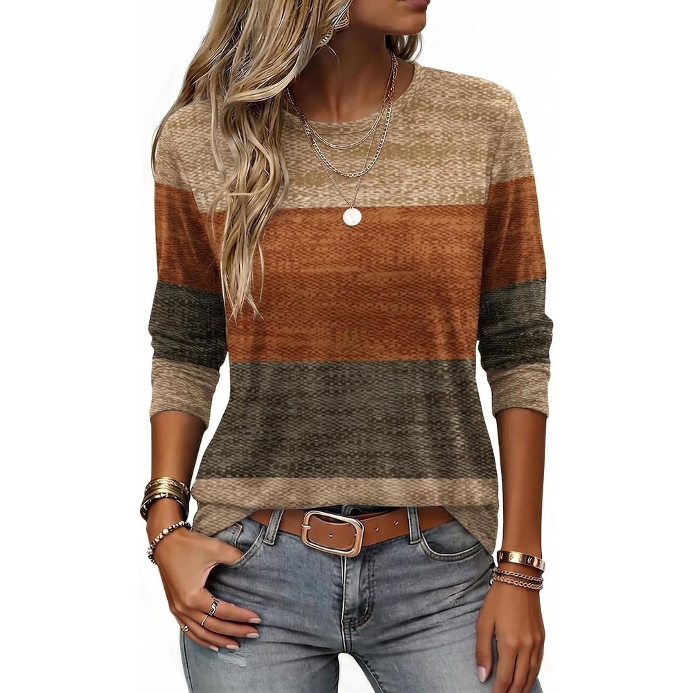 image:imageZeagoo Women Crewneck Casual Long Sleeve Tops Fall Tshirts LayerZ Stripes Brown 398