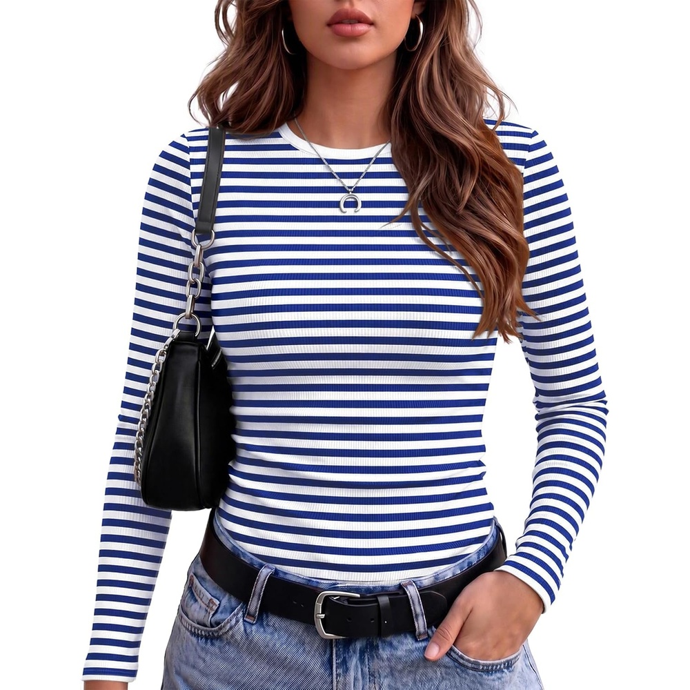 image:imageZeagoo Women Long Sleeve Shirts Ribbed Tops Crewneck Basic TeeBlue Stripe