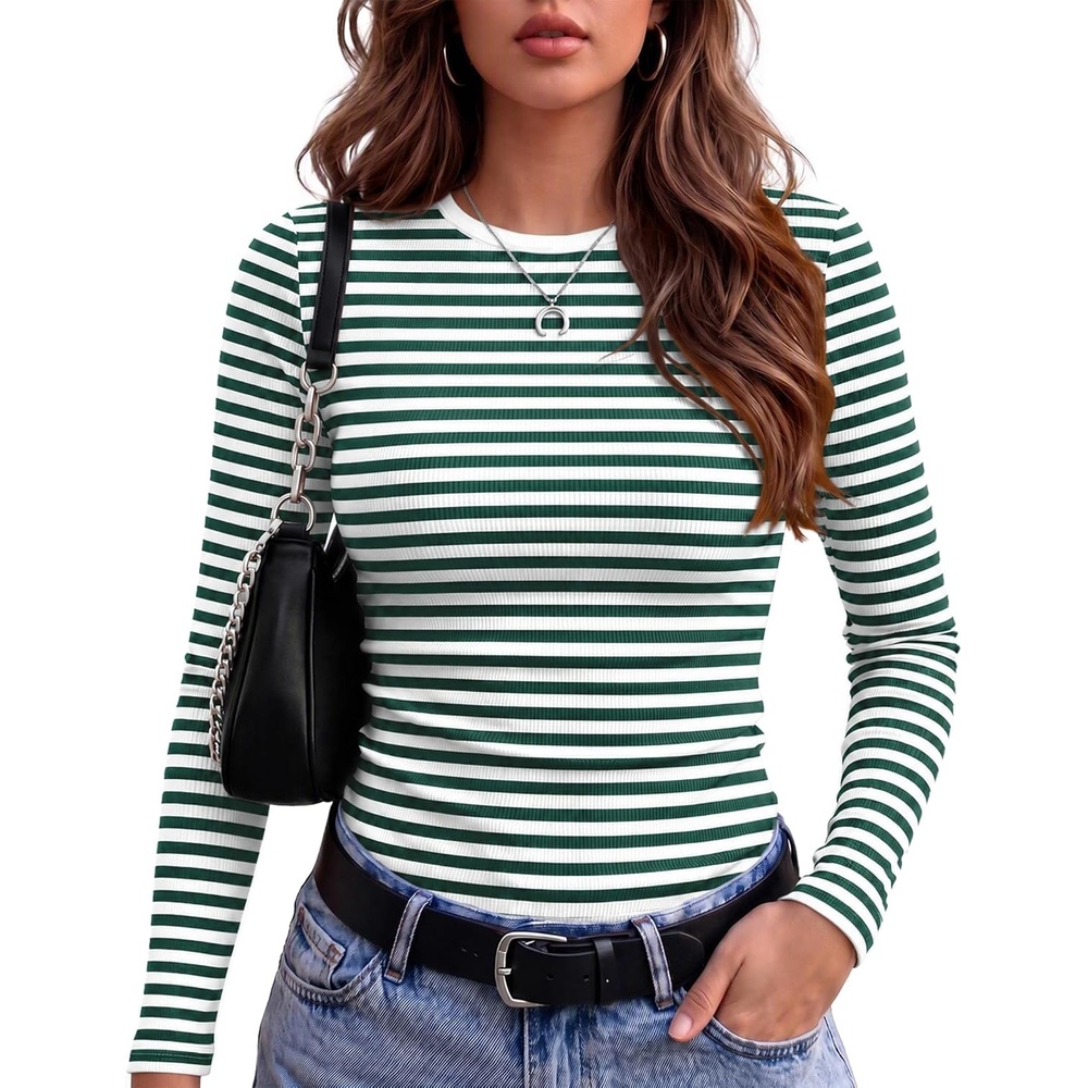 image:imageZeagoo Women Long Sleeve Shirts Ribbed Tops Crewneck Basic TeeGreen Stripe