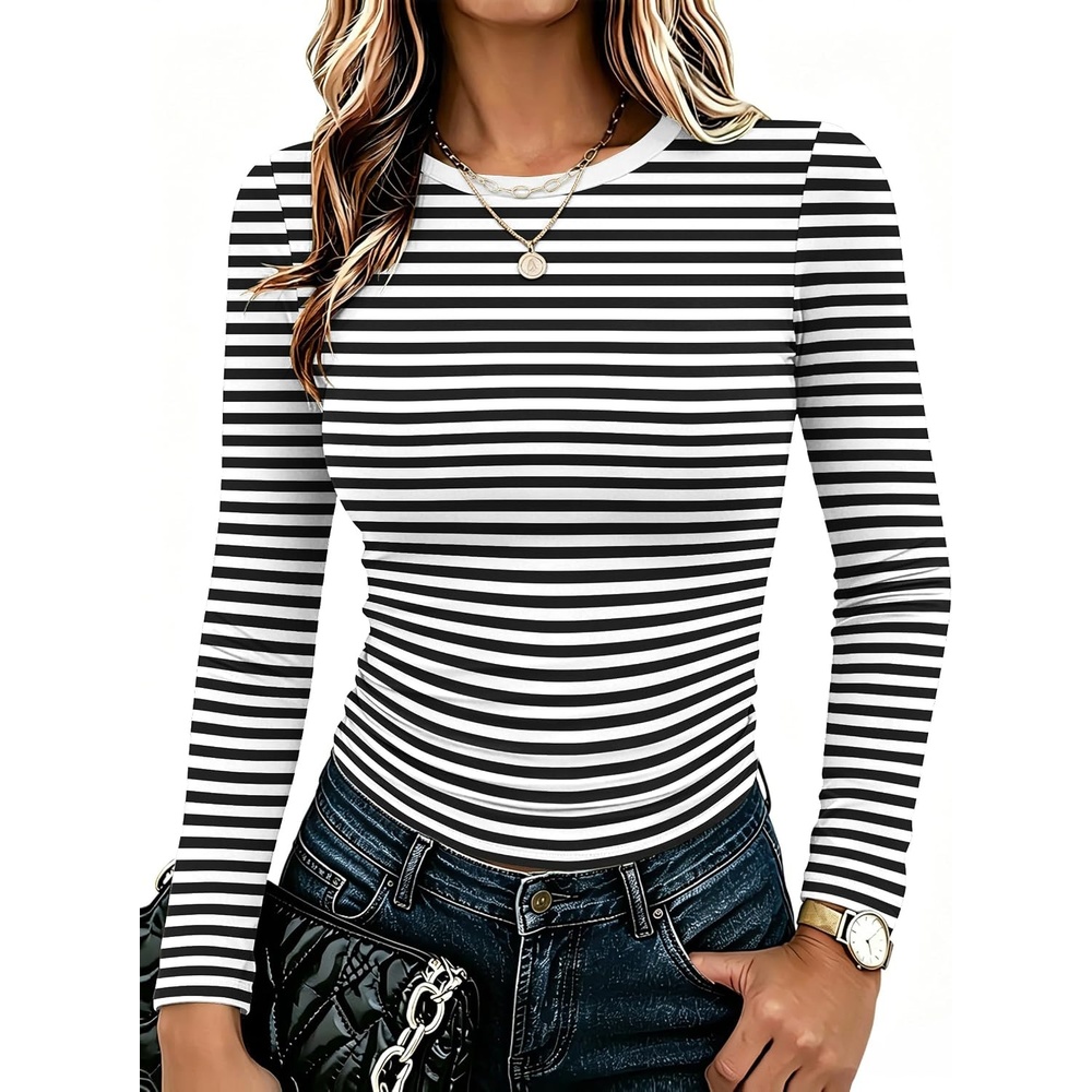 image:imageZeagoo Women Long Sleeve Shirts Slim Fit Going Out Tops Crewneck Basic TeeBlack and White Stripes