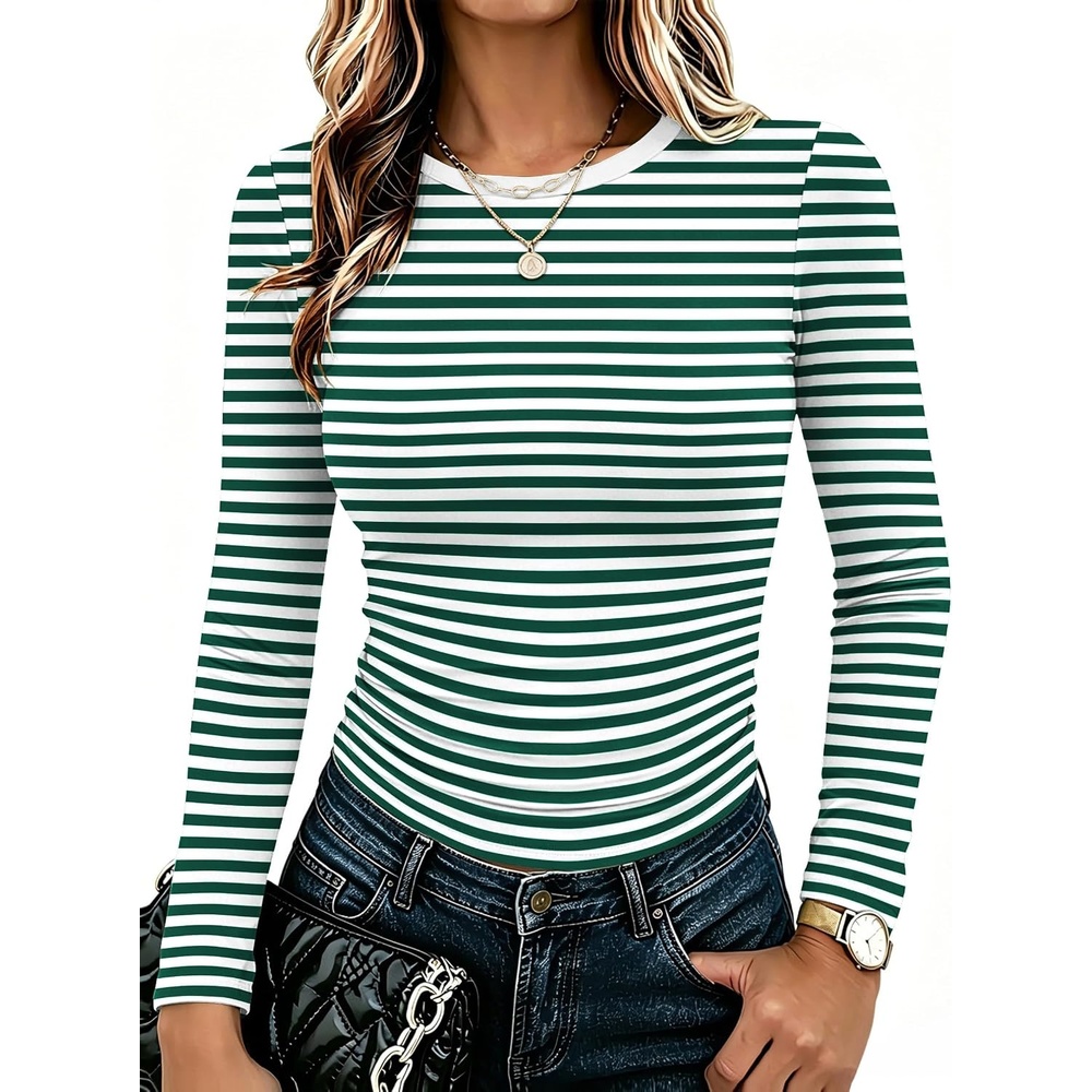image:imageZeagoo Women Long Sleeve Shirts Slim Fit Going Out Tops Crewneck Basic TeeGreen Stripes Tw933