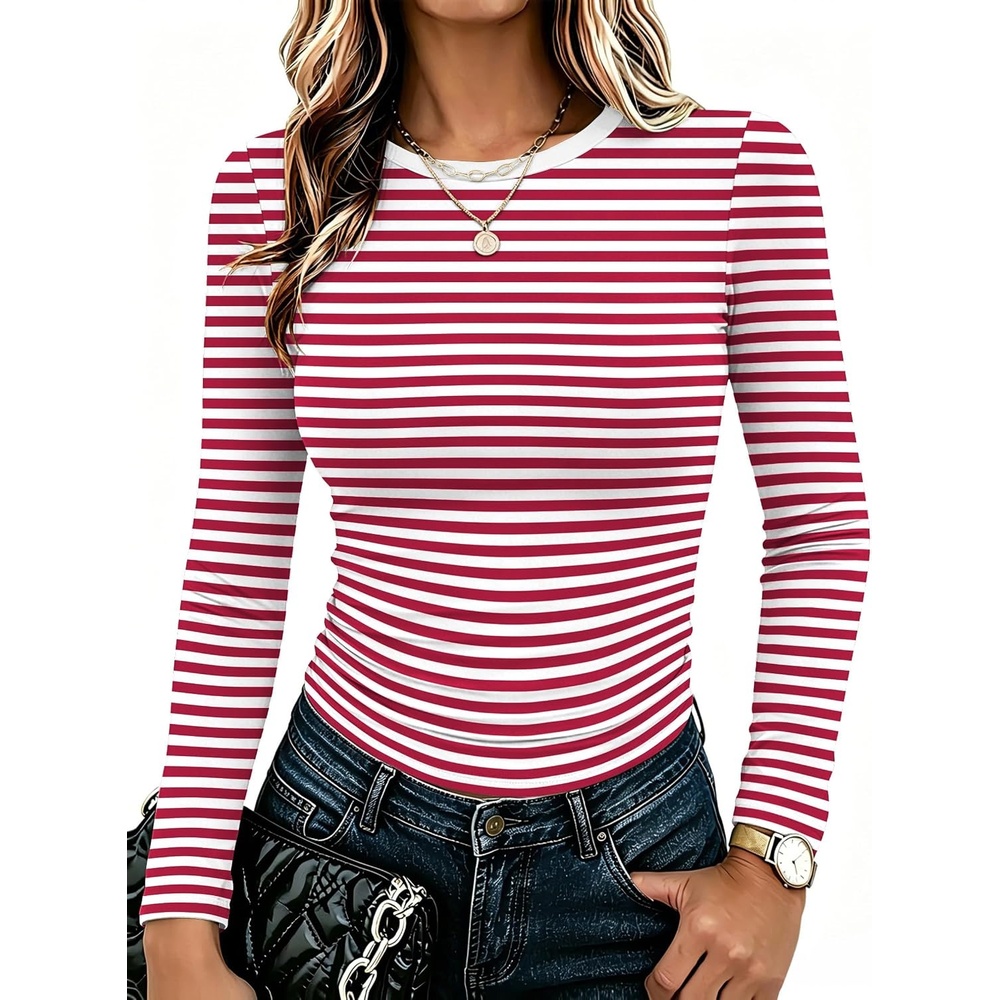 image:imageZeagoo Women Long Sleeve Shirts Slim Fit Going Out Tops Crewneck Basic TeeRed Stripes Tw562