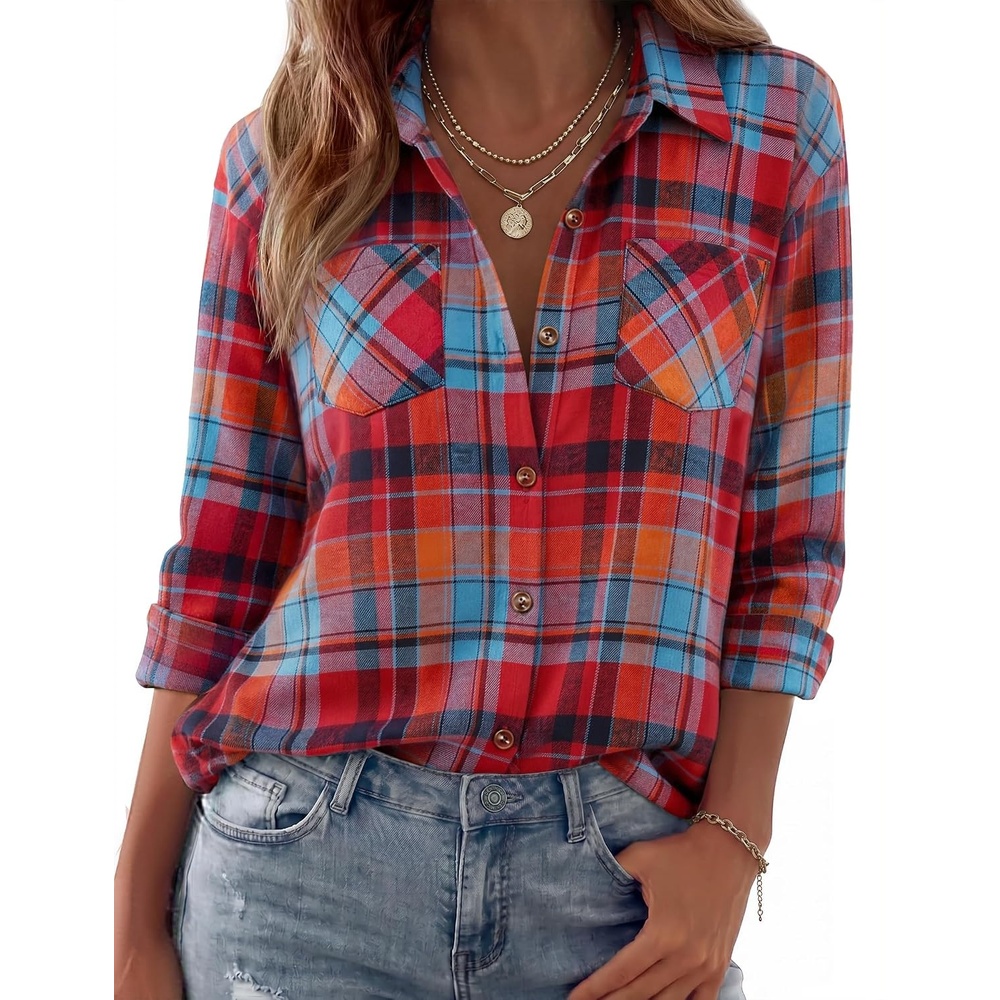 image:imageZeagoo Womens Flannel Shirts Long Sleeve Button Down Casual Fall Plaid Top10red Gw550
