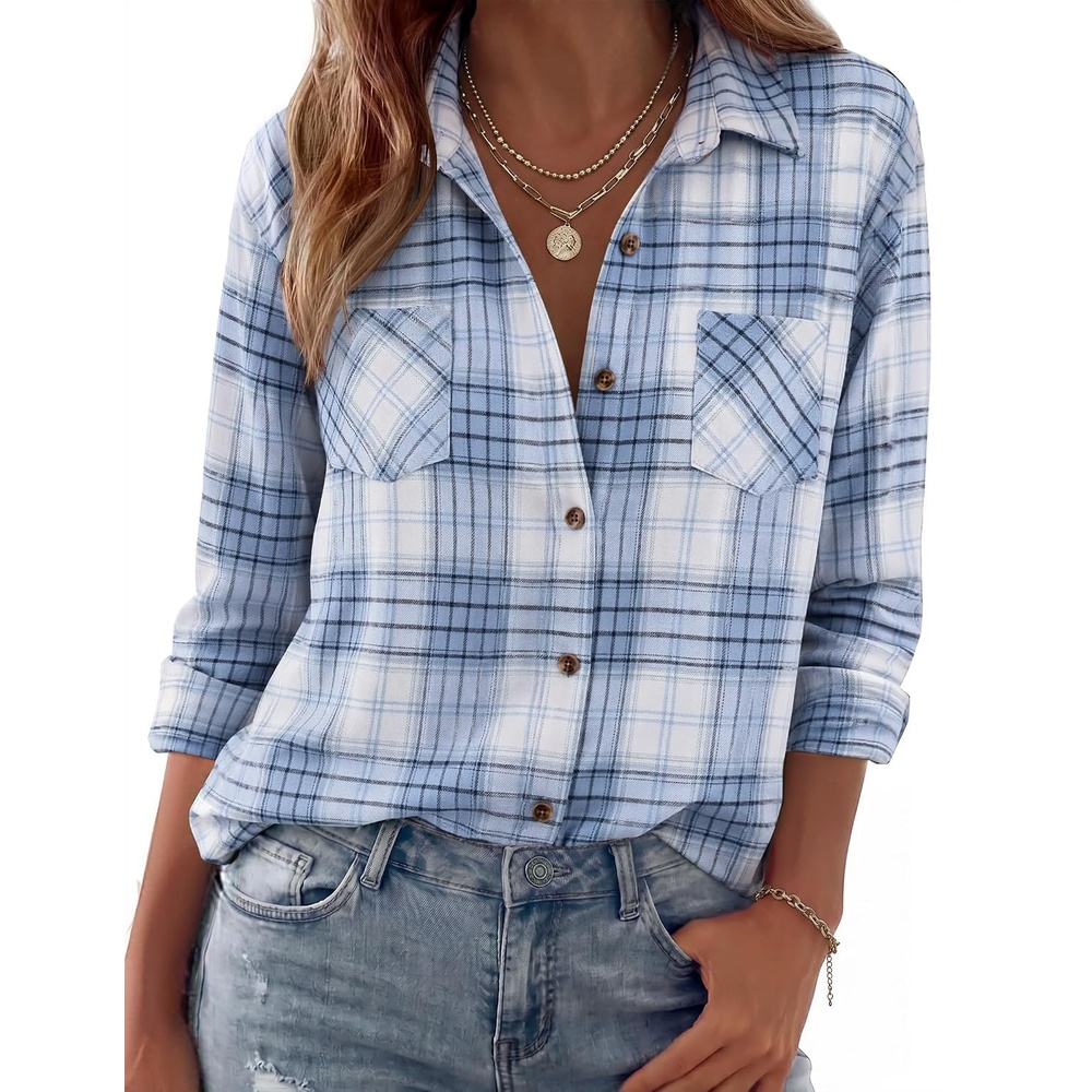 image:imageZeagoo Womens Flannel Shirts Long Sleeve Button Down Casual Fall Plaid Top14blue Gw594
