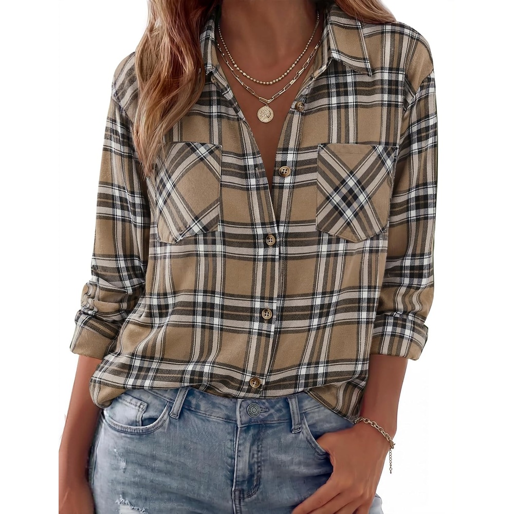 image:imageZeagoo Womens Flannel Shirts Long Sleeve Button Down Casual Fall Plaid Top17khakigz991