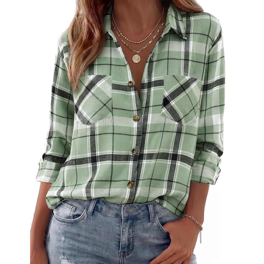 image:imageZeagoo Womens Flannel Shirts Long Sleeve Button Down Casual Fall Plaid Top18green Gw297