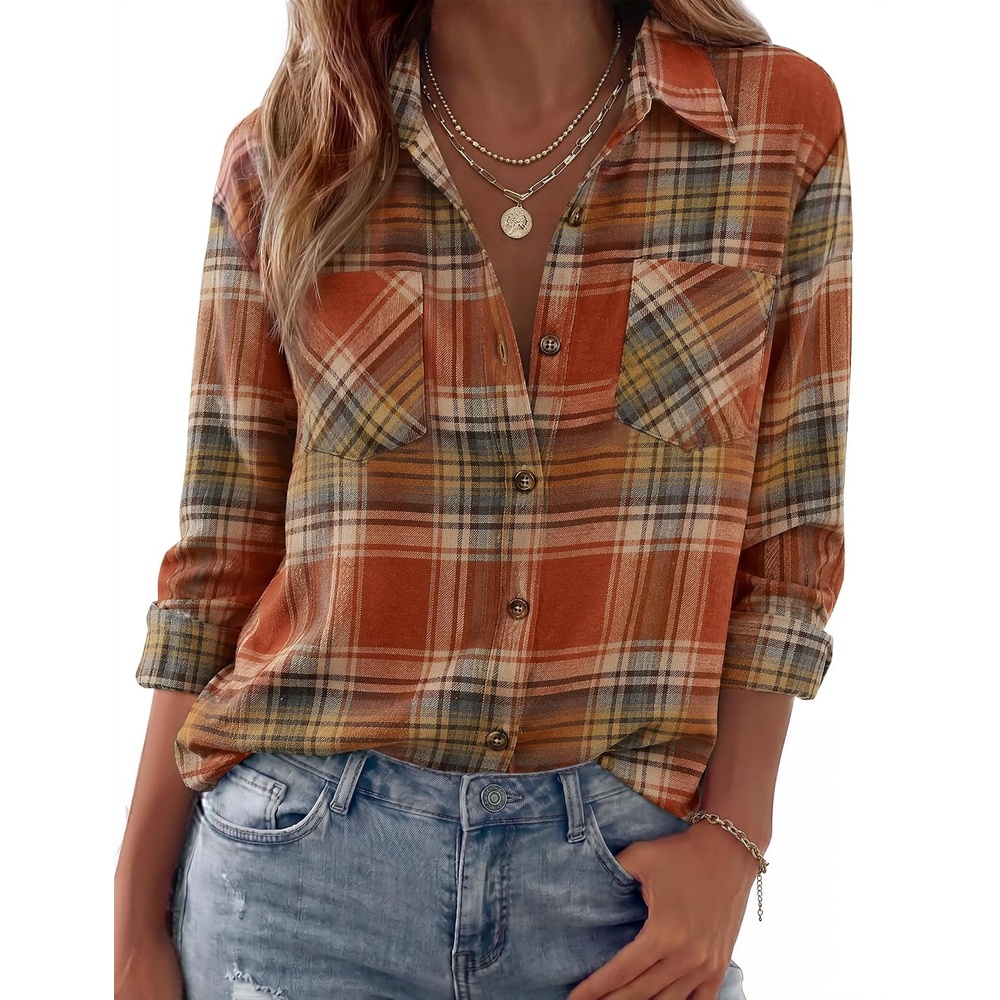 image:imageZeagoo Womens Flannel Shirts Long Sleeve Button Down Casual Fall Plaid Top2orange Gw185