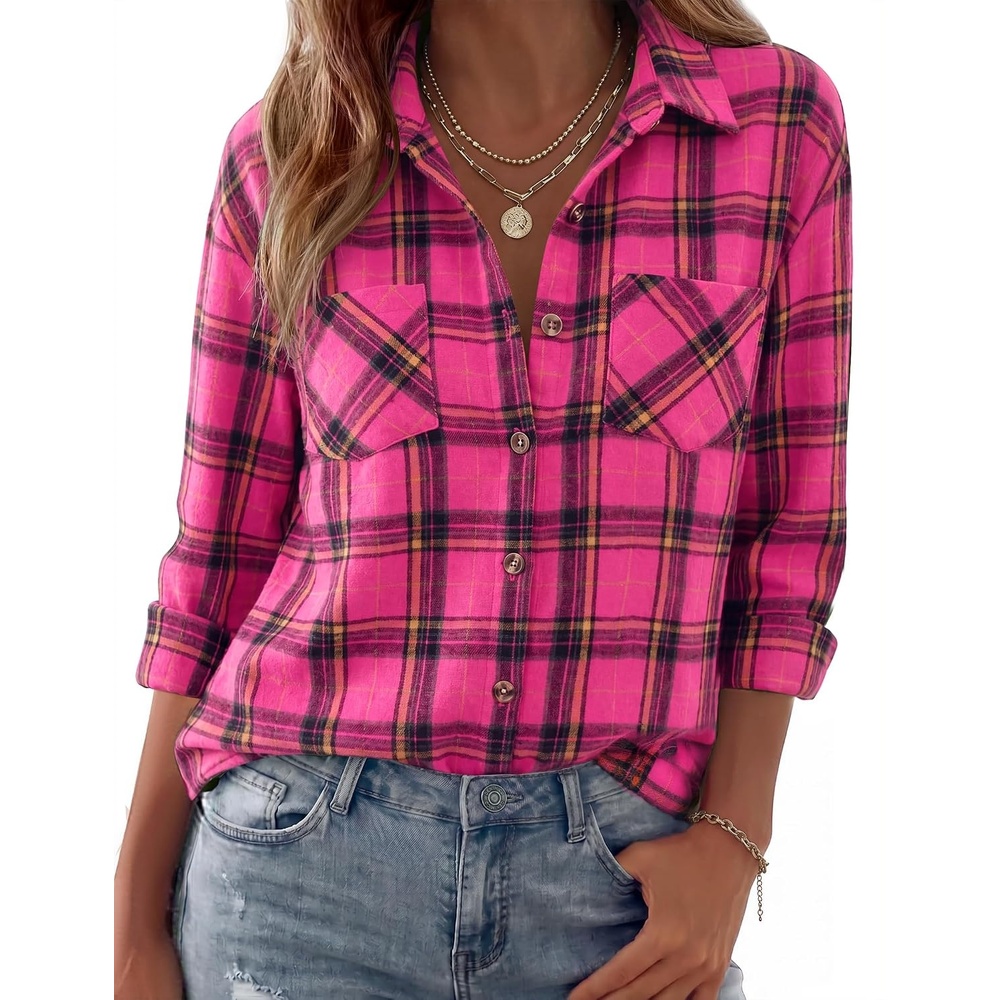 image:imageZeagoo Womens Flannel Shirts Long Sleeve Button Down Casual Fall Plaid Top3pink Gw715