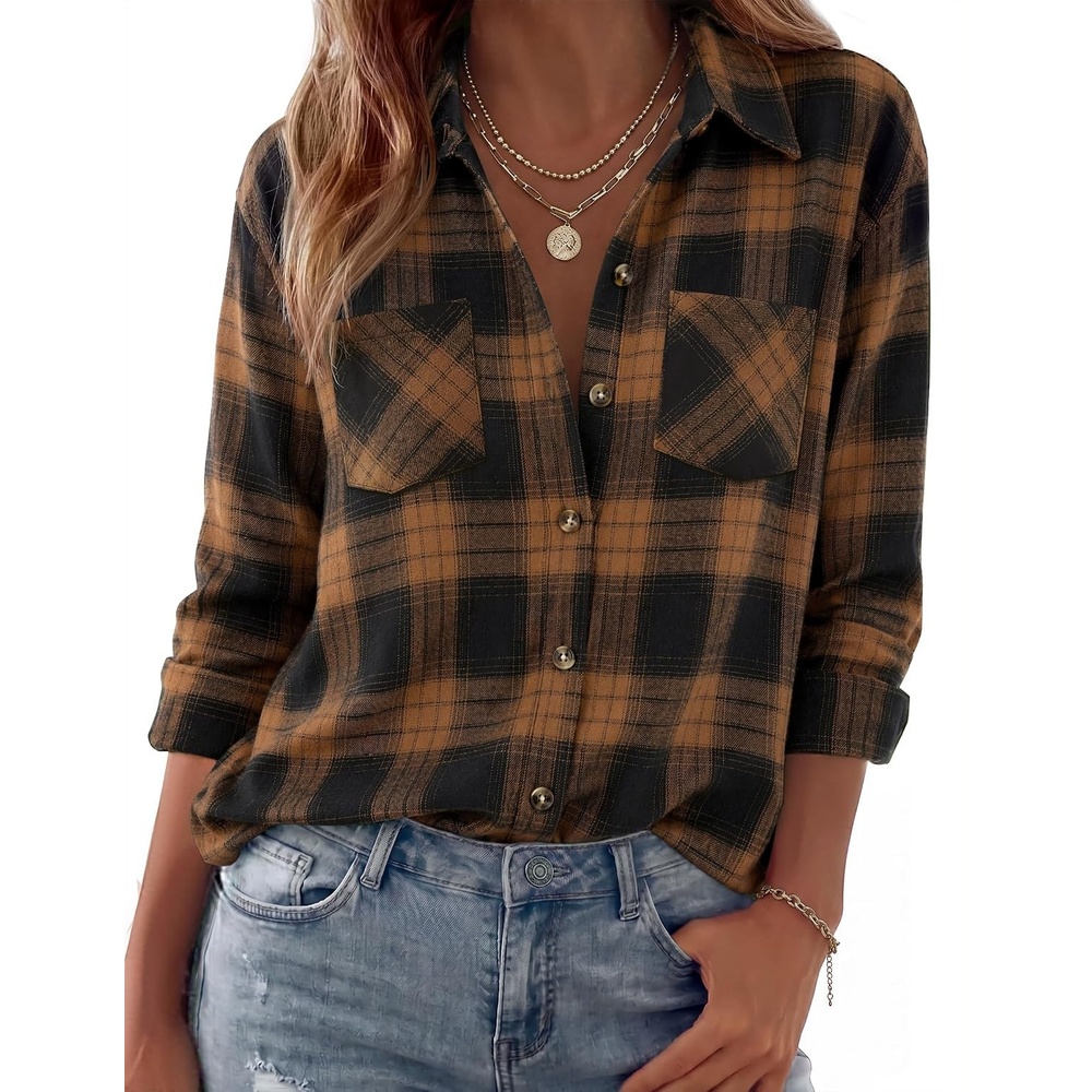 image:imageZeagoo Womens Flannel Shirts Long Sleeve Button Down Casual Fall Plaid Top5khaki Gz803