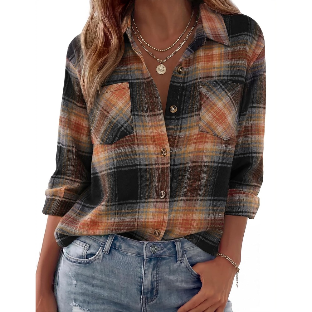 image:imageZeagoo Womens Flannel Shirts Long Sleeve Button Down Casual Fall Plaid Top7orange Gz719
