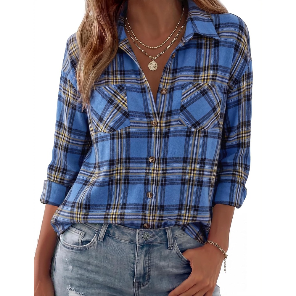 image:imageZeagoo Womens Flannel Shirts Long Sleeve Button Down Casual Fall Plaid Top8blue Gz717