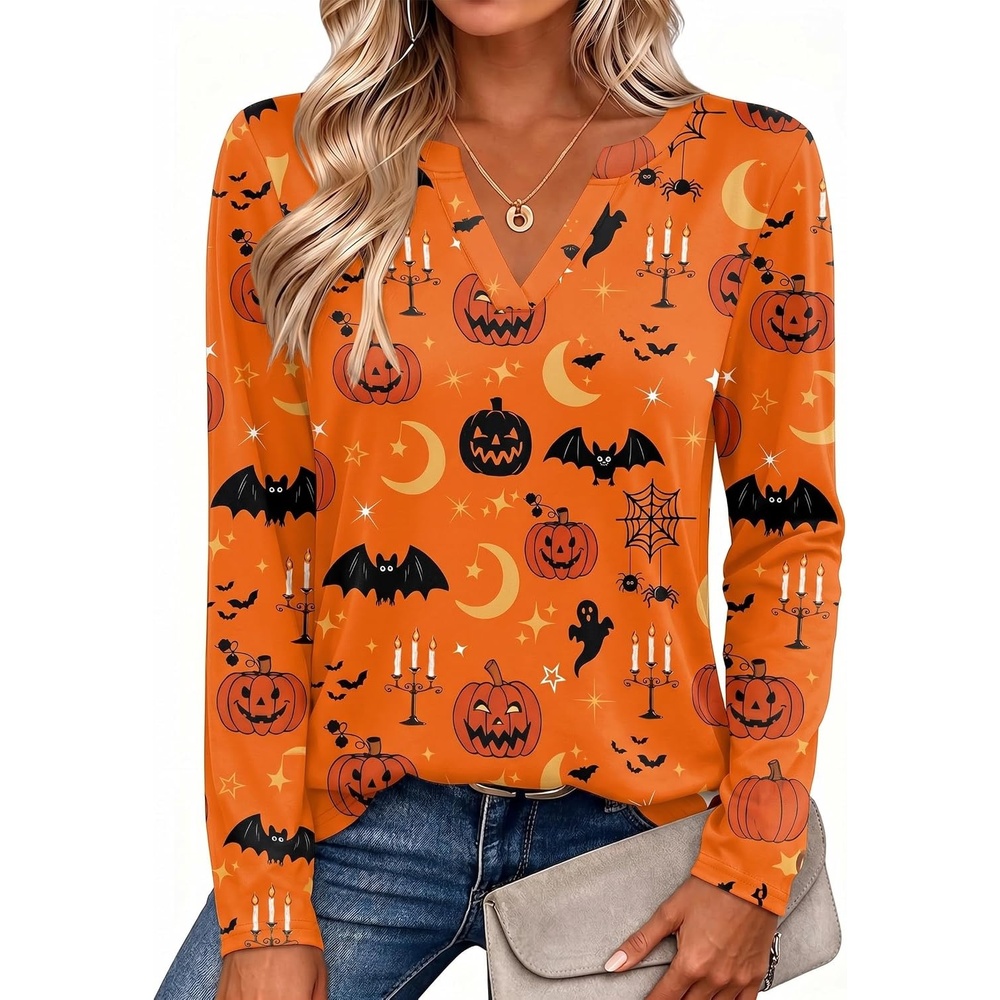 image:imageZeagoo Womens Tops Long Sleeve V Neck Tee Shirts Cute Dressy CasualHalloween Orange Pumpkins Ws85