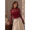 Zeagoo Long Sleeve Shirts for Women’s Lace Tops Mesh Sheer Sexy Fall Blouse(Wine Red)