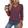 Zeagoo Womens 3/4 Sleeve V Neck T Shirts Dressy Casual Tops(04-dark Red)
