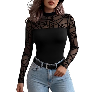 Zeagoo Long Sleeve Shirts for Women’s Lace Tops Mesh Sheer Sexy Fall Blouse(Black Grid-sa3)