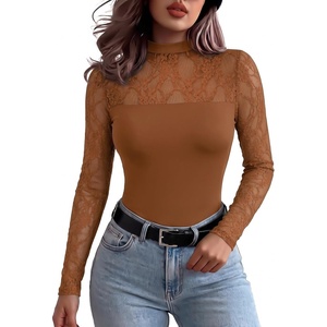 Zeagoo Long Sleeve Shirts for Women’s Lace Tops Mesh Sheer Sexy Fall Blouse(Brown)
