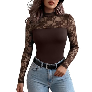 Zeagoo Long Sleeve Shirts for Women’s Lace Tops Mesh Sheer Sexy Fall Blouse(Brown-br)