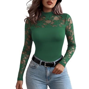 Zeagoo Long Sleeve Shirts for Women’s Lace Tops Mesh Sheer Sexy Fall Blouse(Green)