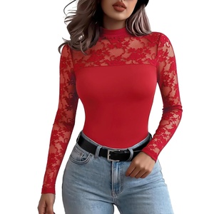 Zeagoo Long Sleeve Shirts for Women’s Lace Tops Mesh Sheer Sexy Fall Blouse(Red)