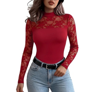 Zeagoo Long Sleeve Shirts for Women’s Lace Tops Mesh Sheer Sexy Fall Blouse(Wine Red)