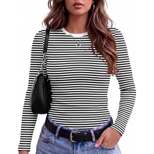 Zeagoo Women Long Sleeve Shirts Ribbed Tops Crewneck Basic Tee(Black White Stripe)