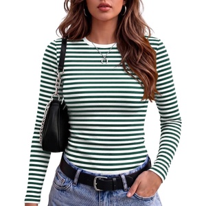 Zeagoo Women Long Sleeve Shirts Ribbed Tops Crewneck Basic Tee(Green Stripe)