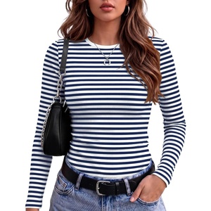 Zeagoo Women Long Sleeve Shirts Ribbed Tops Crewneck Basic Tee(Navy Blue Stripe)