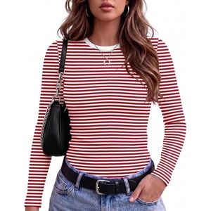 Zeagoo Women Long Sleeve Shirts Ribbed Tops Crewneck Basic Tee(Red White Stripe)
