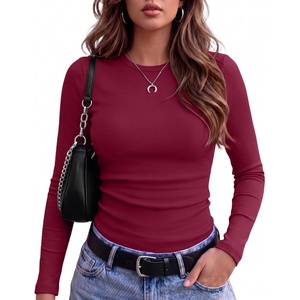 Zeagoo Women Long Sleeve Shirts Ribbed Tops Crewneck Basic Tee(Wine Red)