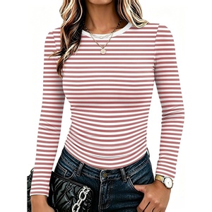 Zeagoo Women Long Sleeve Shirts Slim Fit Going Out Tops Crewneck Basic Tee(Pink Stripes Tw453)