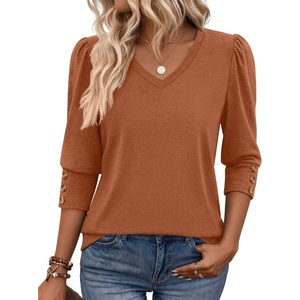 Zeagoo Womens 3/4 Sleeve V Neck T Shirts Dressy Casual Tops(04-caramel)