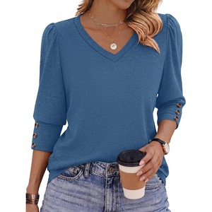 Zeagoo Womens 3/4 Sleeve V Neck T Shirts Dressy Casual Tops(04-haze Blue)
