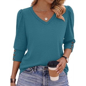 Zeagoo Womens 3/4 Sleeve V Neck T Shirts Dressy Casual Tops(04-peacock Blue)