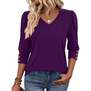 Zeagoo Womens 3/4 Sleeve V Neck T Shirts Dressy Casual Tops(04-purple)