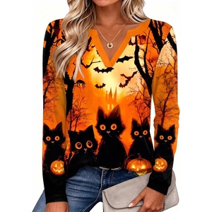 Zeagoo Womens Tops Long Sleeve V Neck Tee Shirts Cute Dressy Casual(Halloween Orange Cat Ws88)